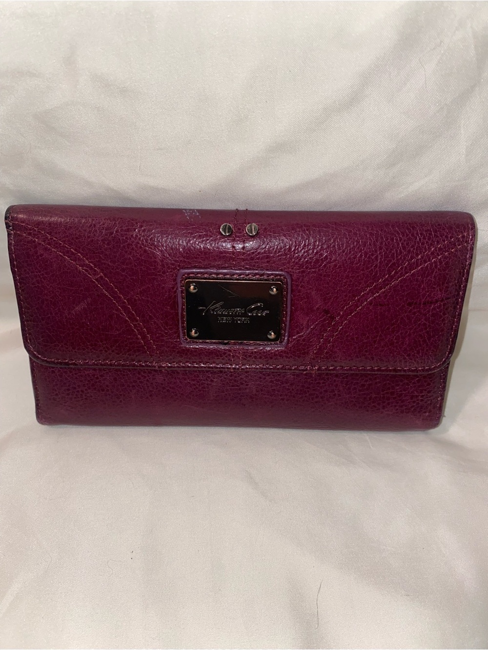 Kenneth Cole Plum Leather Clutch Wallet with Metal Logo Plate